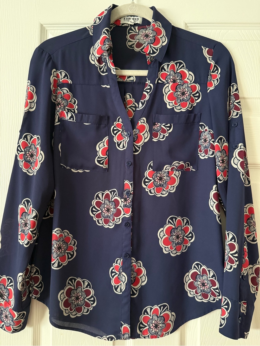 Express Navy Floral Button-Front Blouse with Red & Cream Flowers